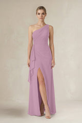 One - Shoulder Sheath Ruched Ruffled Bridesmaid Dress in Wisteria - KISS BRIDAL Bridesmaid Dresses