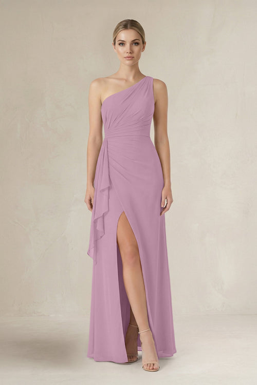 One - Shoulder Sheath Ruched Ruffled Bridesmaid Dress in Wisteria - SHE IS ME Bridesmaid Dresses