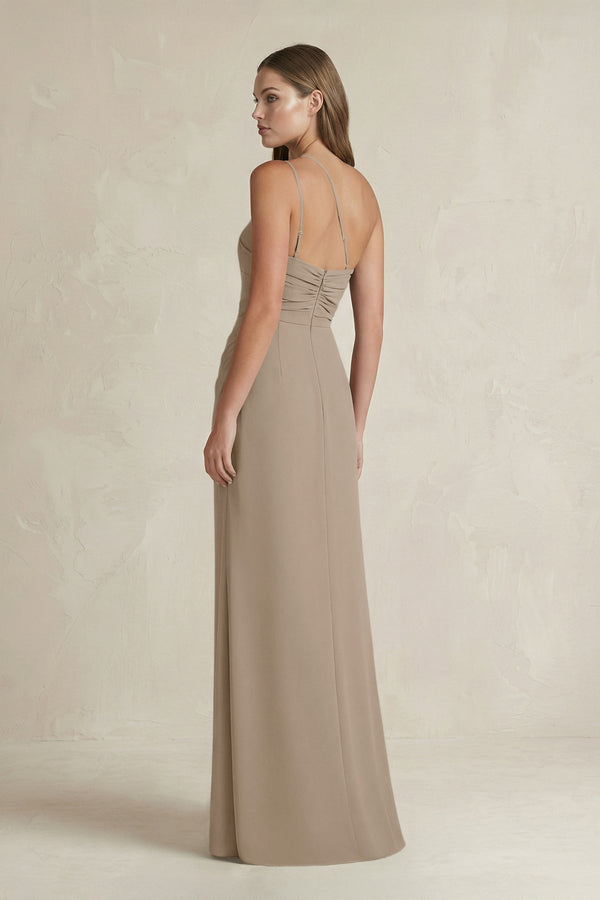 One - Shoulder Sheath Satin Bridesmaid Dress in Almond - KISS BRIDAL Bridesmaid Dresses