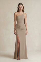 One - Shoulder Sheath Satin Bridesmaid Dress in Almond - KISS BRIDAL Bridesmaid Dresses