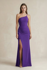 One - Shoulder Sheath Satin Bridesmaid Dress in Amethyst - KISS BRIDAL Bridesmaid Dresses