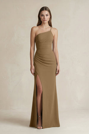One - Shoulder Sheath Satin Bridesmaid Dress in Apple Cinnamon - KISS BRIDAL Bridesmaid Dresses