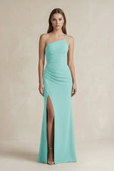 One - Shoulder Sheath Satin Bridesmaid Dress in Aqua - KISS BRIDAL Bridesmaid Dresses