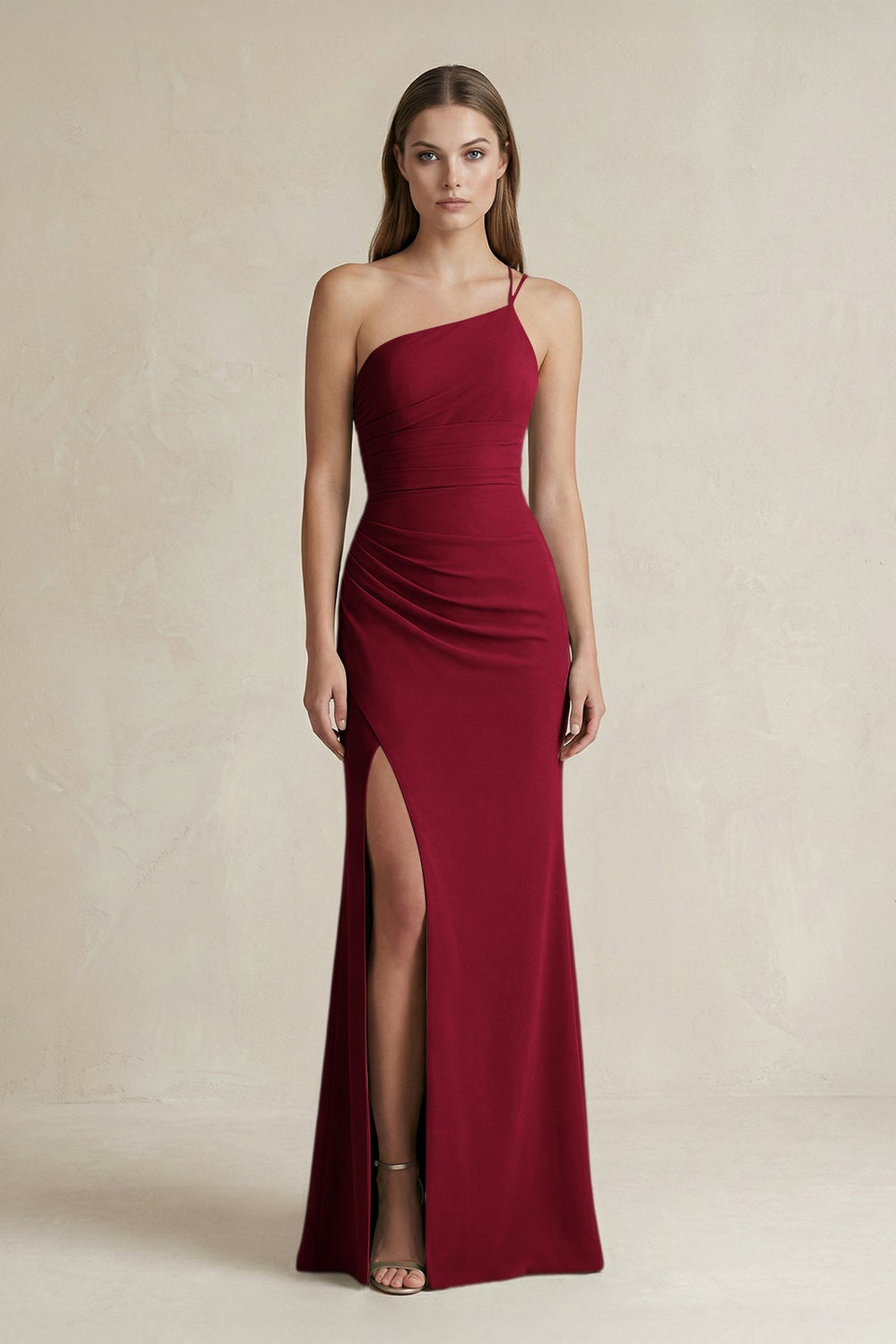 One - Shoulder Sheath Satin Bridesmaid Dress in Berry - KISS BRIDAL Bridesmaid Dresses