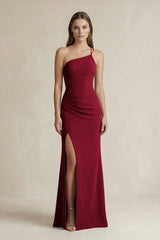 One - Shoulder Sheath Satin Bridesmaid Dress in Berry - KISS BRIDAL Bridesmaid Dresses