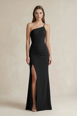 One - Shoulder Sheath Satin Bridesmaid Dress in Black - KISS BRIDAL Bridesmaid Dresses