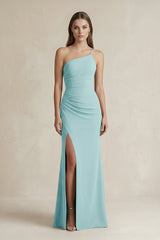 One - Shoulder Sheath Satin Bridesmaid Dress in Bleached Aqua - KISS BRIDAL Bridesmaid Dresses