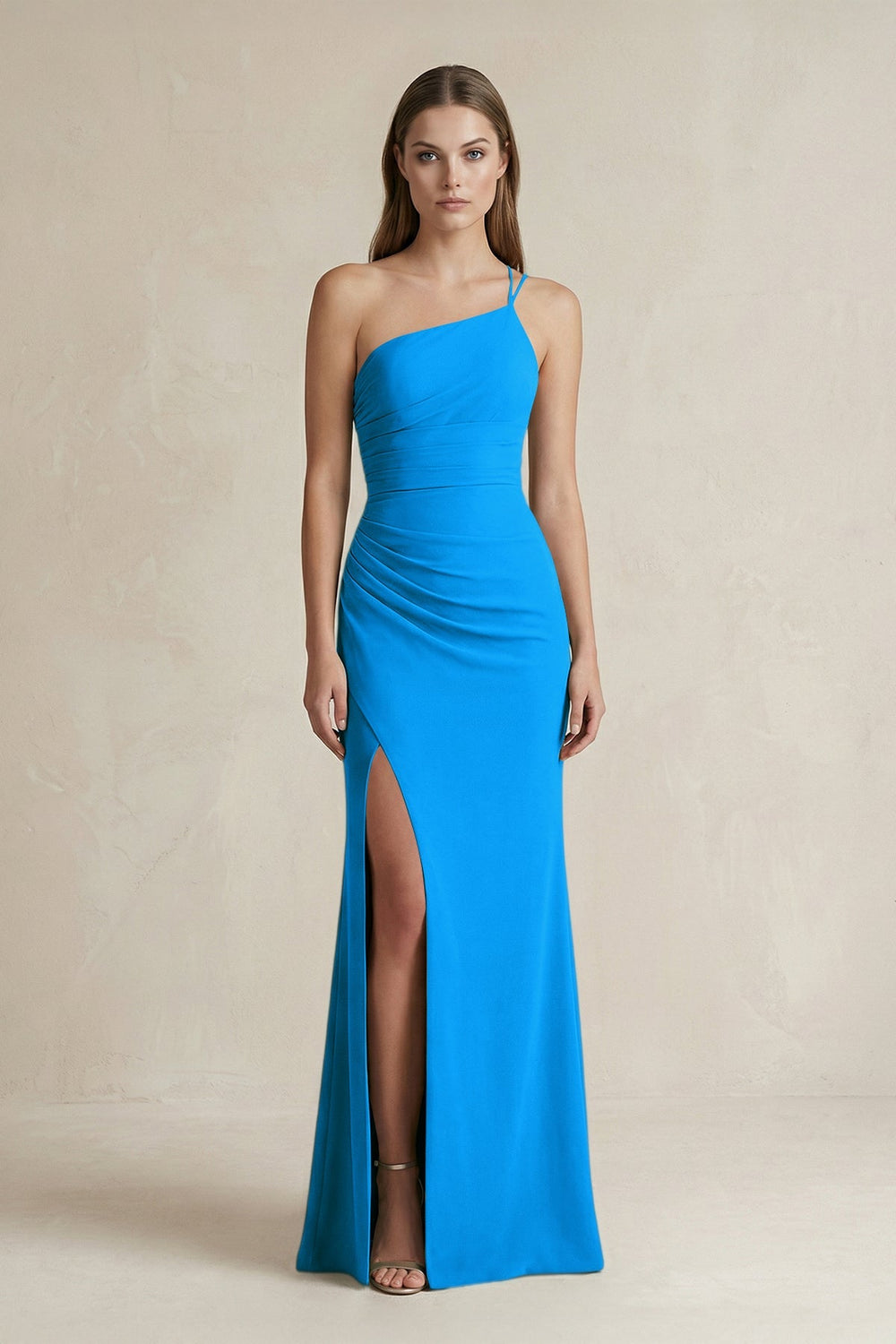 One - Shoulder Sheath Satin Bridesmaid Dress in Blue Jay - KISS BRIDAL Bridesmaid Dresses