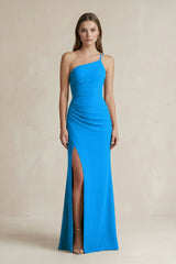 One - Shoulder Sheath Satin Bridesmaid Dress in Blue Jay - KISS BRIDAL Bridesmaid Dresses