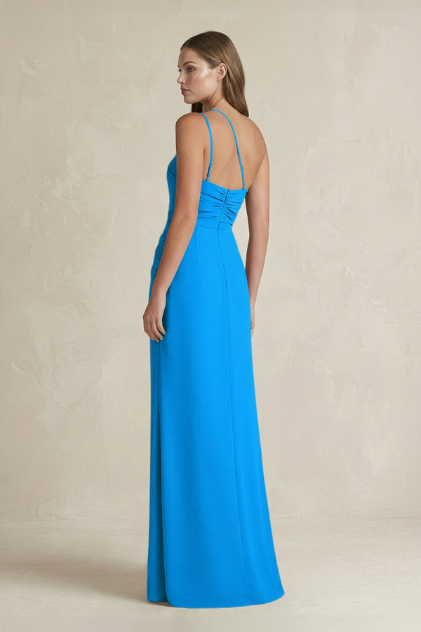 One - Shoulder Sheath Satin Bridesmaid Dress in Blue Jay - KISS BRIDAL Bridesmaid Dresses