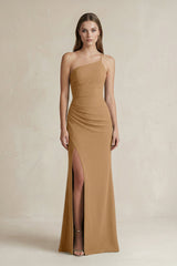 One - Shoulder Sheath Satin Bridesmaid Dress in Bronzer - KISS BRIDAL Bridesmaid Dresses