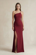 One - Shoulder Sheath Satin Bridesmaid Dress in Burgundy - KISS BRIDAL Bridesmaid Dresses