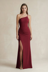 One - Shoulder Sheath Satin Bridesmaid Dress in Burgundy - KISS BRIDAL Bridesmaid Dresses