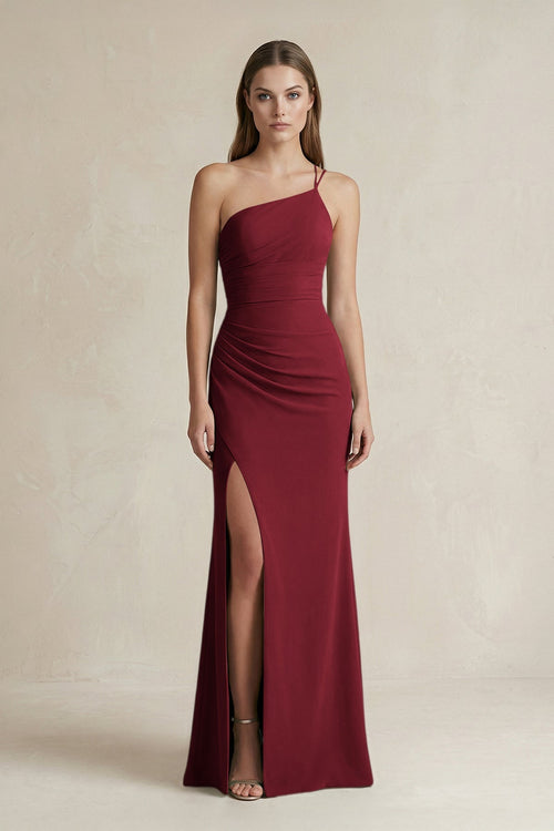 One - Shoulder Sheath Satin Bridesmaid Dress in Burgundy - KISS BRIDAL Bridesmaid Dresses