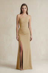 One - Shoulder Sheath Satin Bridesmaid Dress in Champagne - KISS BRIDAL Bridesmaid Dresses