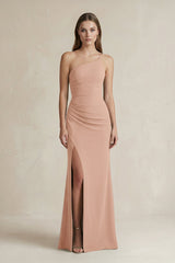 One - Shoulder Sheath Satin Bridesmaid Dress in Champagne Rose - KISS BRIDAL Bridesmaid Dresses