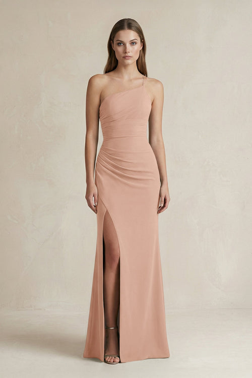 One - Shoulder Sheath Satin Bridesmaid Dress in Champagne Rose - KISS BRIDAL Bridesmaid Dresses