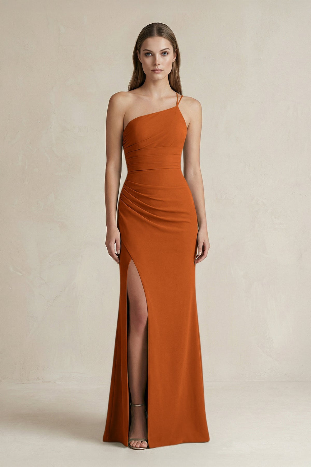 One - Shoulder Sheath Satin Bridesmaid Dress in Cinnamon - KISS BRIDAL Bridesmaid Dresses