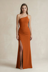 One - Shoulder Sheath Satin Bridesmaid Dress in Cinnamon - KISS BRIDAL Bridesmaid Dresses