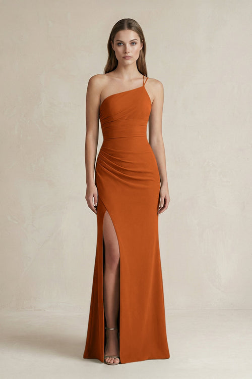 One - Shoulder Sheath Satin Bridesmaid Dress in Cinnamon - KISS BRIDAL Bridesmaid Dresses
