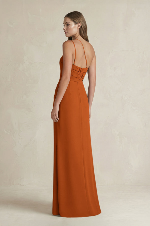 One - Shoulder Sheath Satin Bridesmaid Dress in Cinnamon - KISS BRIDAL Bridesmaid Dresses