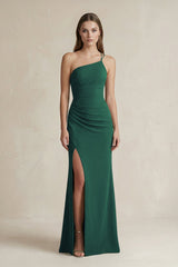 One - Shoulder Sheath Satin Bridesmaid Dress in Dark Green - KISS BRIDAL Bridesmaid Dresses
