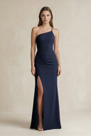 One - Shoulder Sheath Satin Bridesmaid Dress in Dark Navy - KISS BRIDAL Bridesmaid Dresses