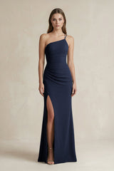 One - Shoulder Sheath Satin Bridesmaid Dress in Dark Navy - KISS BRIDAL Bridesmaid Dresses