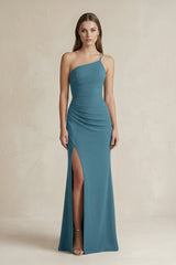 One - Shoulder Sheath Satin Bridesmaid Dress in Dark Teal - KISS BRIDAL Bridesmaid Dresses
