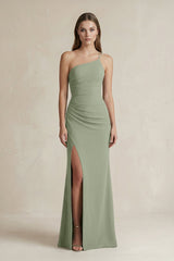 One - Shoulder Sheath Satin Bridesmaid Dress in Dove Gray - KISS BRIDAL Bridesmaid Dresses