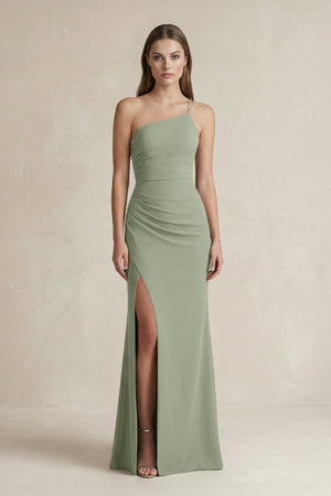 One - Shoulder Sheath Satin Bridesmaid Dress in Dove Gray - KISS BRIDAL Bridesmaid Dresses