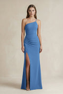 One - Shoulder Sheath Satin Bridesmaid Dress in Dusty Blue - KISS BRIDAL Bridesmaid Dresses