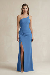 One - Shoulder Sheath Satin Bridesmaid Dress in Dusty Blue - KISS BRIDAL Bridesmaid Dresses