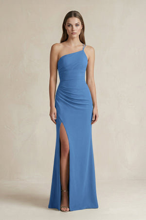 One - Shoulder Sheath Satin Bridesmaid Dress in Dusty Blue - KISS BRIDAL Bridesmaid Dresses