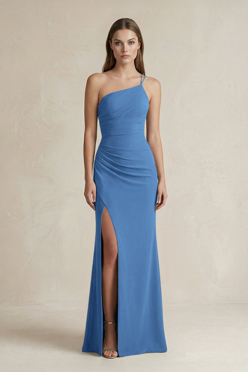 One - Shoulder Sheath Satin Bridesmaid Dress in Dusty Blue - KISS BRIDAL Bridesmaid Dresses