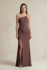 One - Shoulder Sheath Satin Bridesmaid Dress in Espresso - KISS BRIDAL Bridesmaid Dresses