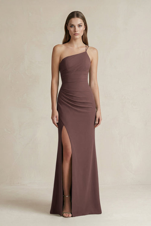 One - Shoulder Sheath Satin Bridesmaid Dress in Espresso - KISS BRIDAL Bridesmaid Dresses