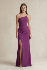 One - Shoulder Sheath Satin Bridesmaid Dress in Fig - KISS BRIDAL Bridesmaid Dresses