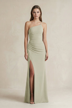 One - Shoulder Sheath Satin Bridesmaid Dress in Frost - KISS BRIDAL Bridesmaid Dresses