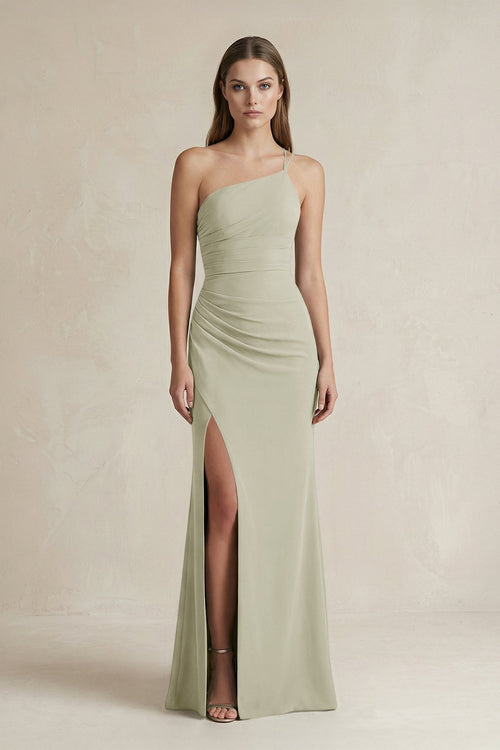 One - Shoulder Sheath Satin Bridesmaid Dress in Frost - KISS BRIDAL Bridesmaid Dresses