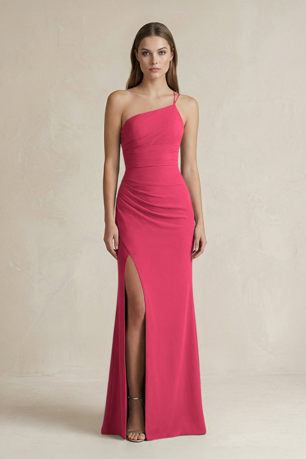 One - Shoulder Sheath Satin Bridesmaid Dress in Fuchsia - SHE IS ME Bridesmaid Dresses