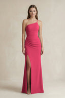 One - Shoulder Sheath Satin Bridesmaid Dress in Fuchsia - KISS BRIDAL Bridesmaid Dresses