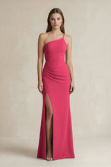 One - Shoulder Sheath Satin Bridesmaid Dress in Fuchsia - KISS BRIDAL Bridesmaid Dresses