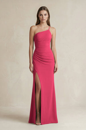 One - Shoulder Sheath Satin Bridesmaid Dress in Fuchsia - KISS BRIDAL Bridesmaid Dresses