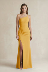 One - Shoulder Sheath Satin Bridesmaid Dress in Gold - KISS BRIDAL Bridesmaid Dresses