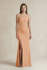 One - Shoulder Sheath Satin Bridesmaid Dress in Golden Champagne - KISS BRIDAL Bridesmaid Dresses