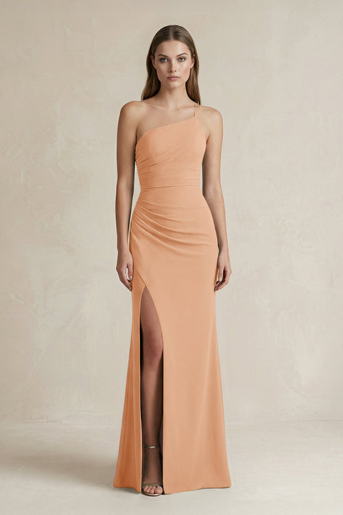 One - Shoulder Sheath Satin Bridesmaid Dress in Golden Champagne - KISS BRIDAL Bridesmaid Dresses