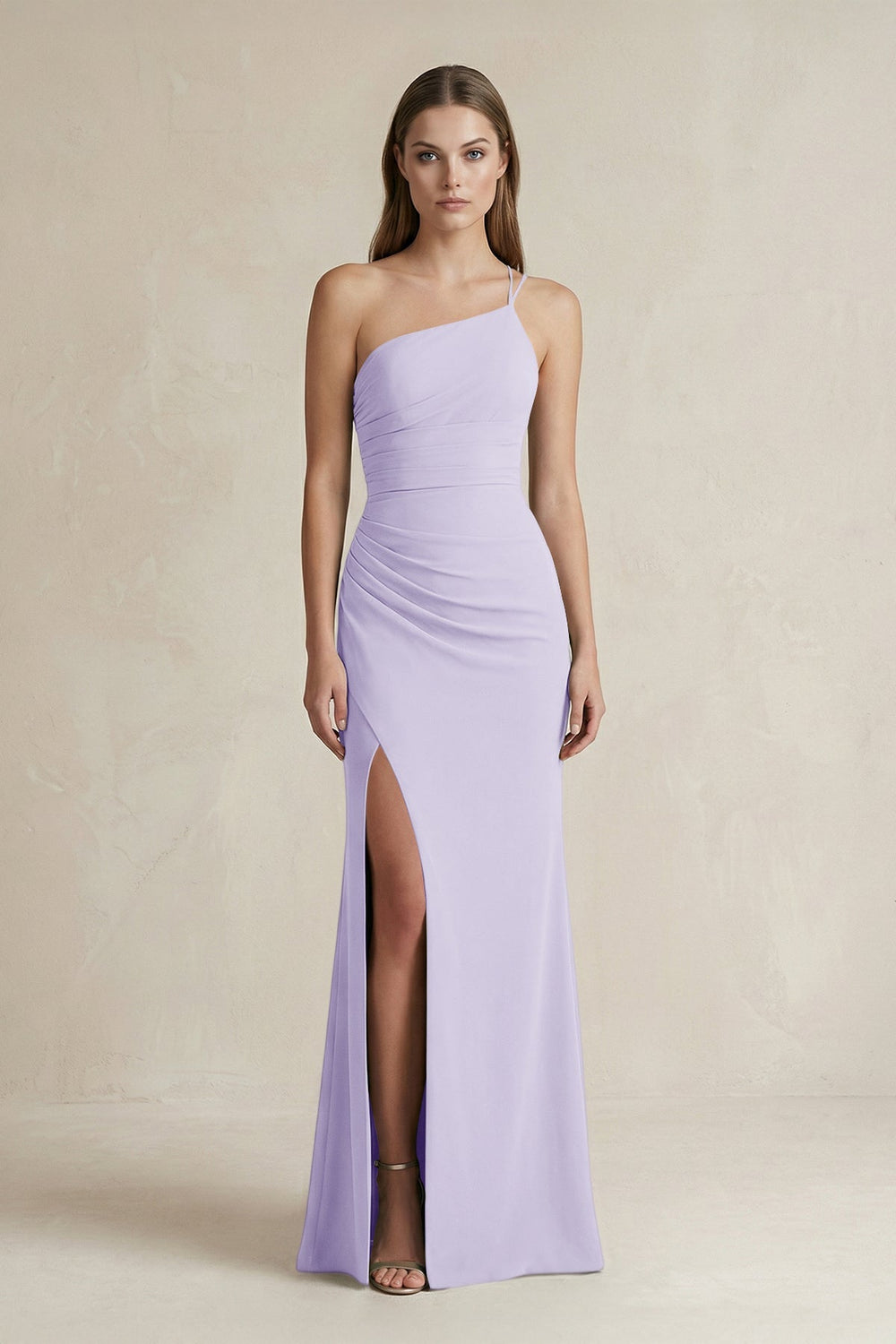 One - Shoulder Sheath Satin Bridesmaid Dress in Lavender - KISS BRIDAL Bridesmaid Dresses