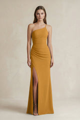 One - Shoulder Sheath Satin Bridesmaid Dress in Marigold - KISS BRIDAL Bridesmaid Dresses