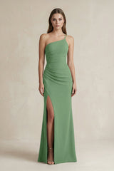 One - Shoulder Sheath Satin Bridesmaid Dress in Matcha - KISS BRIDAL Bridesmaid Dresses